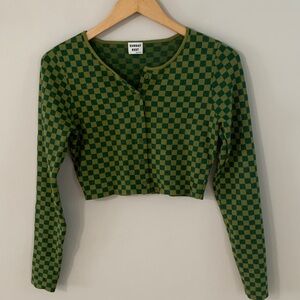 Aritzia Sunday Best Izzy Checkered Knit Cardigan Size Small Green Cropped